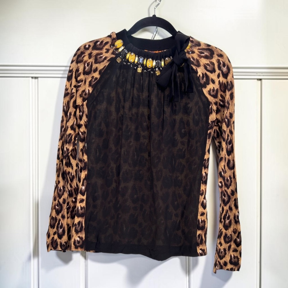 Tory Burch Leopard Silk Jeweled Neckline Blouse Glam Mob Wife Quiet Luxe Small